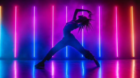 modern style dancer posing in studio with neon lights on background, silhouetteの写真素材