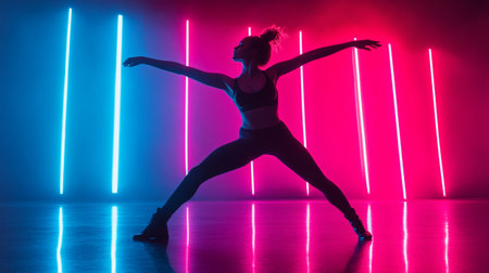 Silhouette of young beautiful dancer posing in studio with neon lightsの写真素材