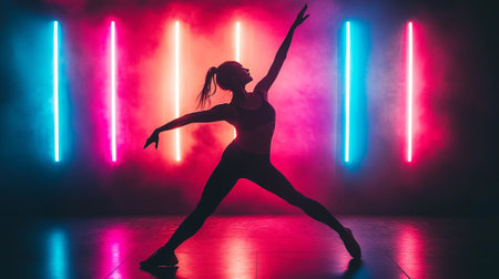 Young woman dancing contemporary ballet in studio with neon lights. Ballet dancer.の写真素材
