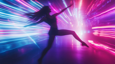 Silhouette of dancing woman in disco club with colorful lights.の写真素材