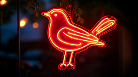 Neon red bird sign on a glass door at night in the cityの写真素材