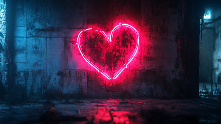 Neon red heart in the dark abandoned building. Valentine's Day concept. 3D Renderingの写真素材