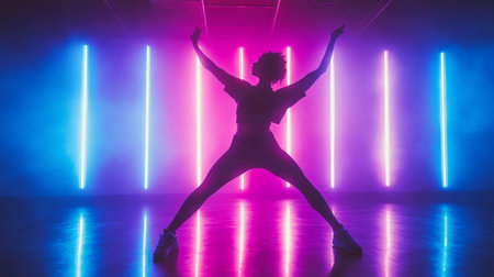 Silhouette of young woman dancing in neon light. Disco lights backgroundの写真素材