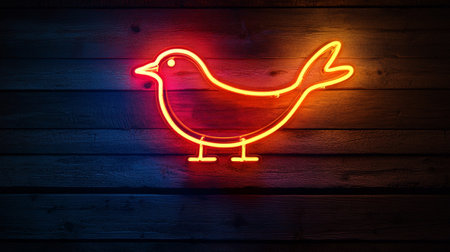 Neon bird sign on wooden wall. Glowing neon bird signboardの写真素材