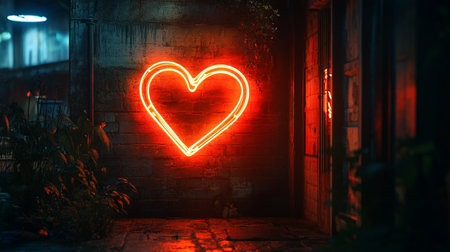 Neon red heart on the wall of an old house at night. Love concept.の写真素材