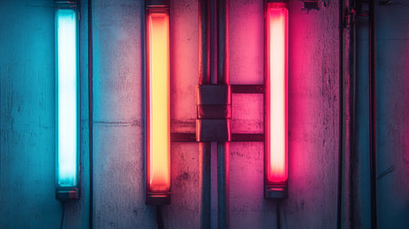 Colorful fluorescent light bulb on the wall of the building. Abstract background.の写真素材
