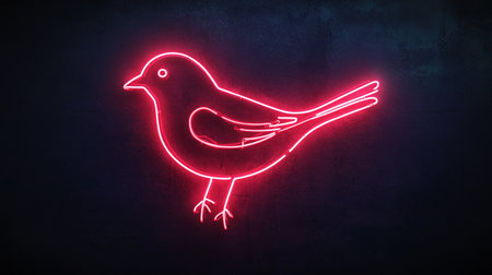 Red neon bird icon on dark concrete wall background. 3D renderingの写真素材
