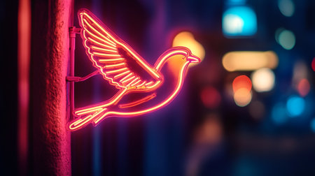 Dove of peace on a street sign in the night city.の写真素材