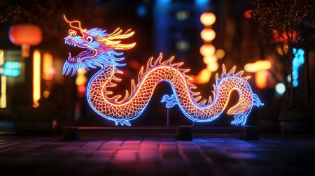 3D rendering of a glowing Chinese dragon on a street at nightの写真素材