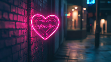 Neon heart on brick wall in night city. Love concept.の写真素材