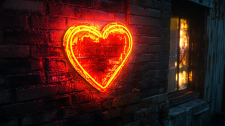 Neon heart on brick wall background. Valentines day concept.の写真素材