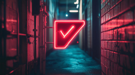 Red neon sign on a brick wall in a dark corridor with a check markの写真素材