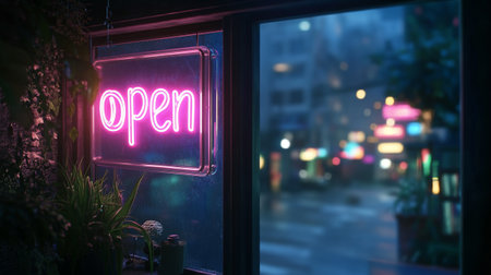 Neon open sign on the window at night. 3d renderingの写真素材