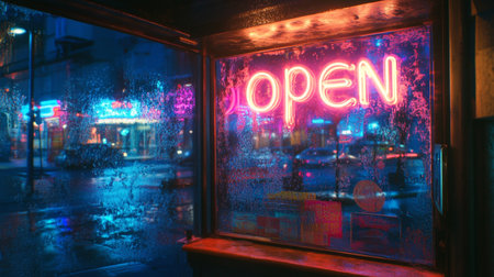 Neon sign in the window of a cafe in the rain.の写真素材