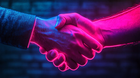 Close up of handshake of two businessmen against brick wall with neon lightの写真素材