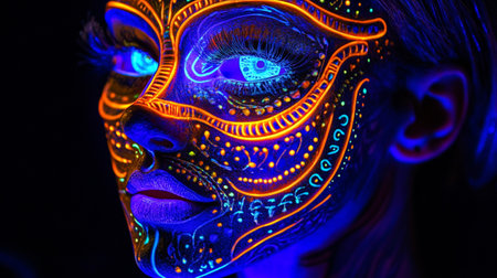Close-up portrait of a beautiful woman with neon make-upの写真素材