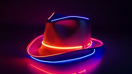 Top hat with red and blue neon light on a black background.の写真素材