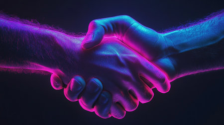Handshake of two people in neon light on a dark background.の写真素材