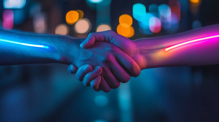 Close-up of two people shaking hands on dark background. Teamwork conceptの写真素材