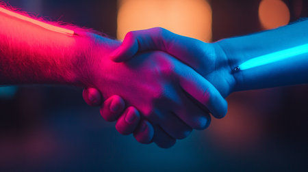 Close up of two people shaking hands in dark room with neon lightの写真素材