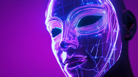 3d rendering of female robot face with neon lights isolated on purpleの写真素材