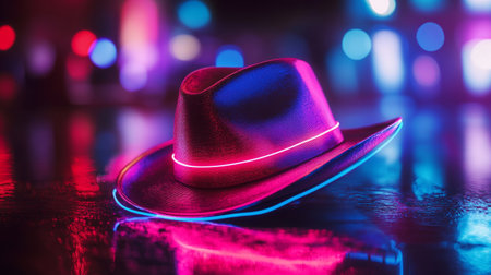Black hat on a black background with bokeh lights. Toned.の写真素材