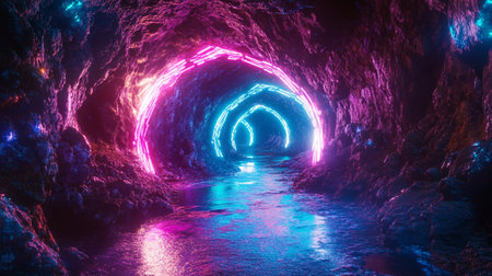 3d illustration of purple neon tunnel and blue water in the caveの写真素材