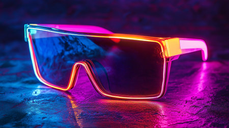 Sunglasses with blue and red light on a dark background.の写真素材
