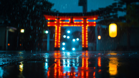 The red gate of the Shinto shrine in the rain at night.の写真素材