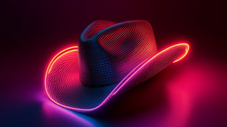 3d rendering of a hat on a dark background in neon lightの写真素材