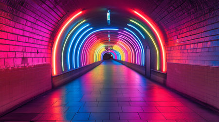 3d illustration of a tunnel corridor with colorful lights in the darkの写真素材