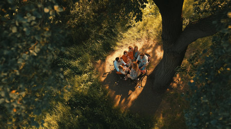 Aerial view of a group of friends riding bicycles in the forestの写真素材