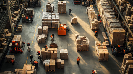 High angle view of workers working in warehouse. This is a freight transportation and distribution warehouse. Industrial and industrial workers conceptの写真素材