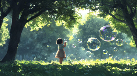 Little girl playing with soap bubbles in the park. 3d renderingの写真素材