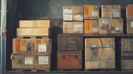 Boxes of goods in warehouse, shipping and logistics concept, vintage toneの写真素材