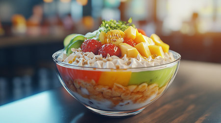 Healthy breakfast with muesli and fresh fruits in glass bowlの素材