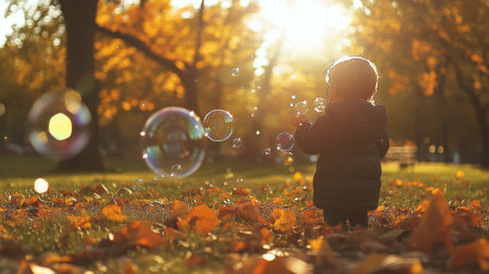 Little boy playing with soap bubbles in the autumn park, backlitの写真素材