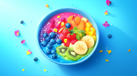 Healthy breakfast bowl with fruit and berries on blue background, top viewの写真素材