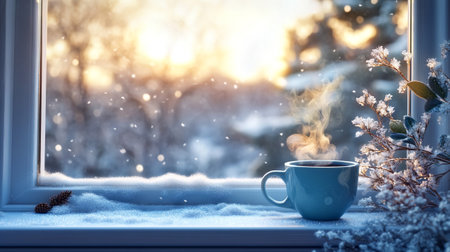 Cup of hot coffee on the windowsill. Winter landscape.の写真素材