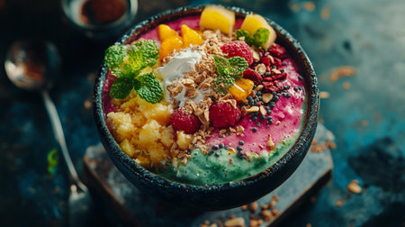 Smoothie bowl with mango, raspberries and chia seedsの写真素材
