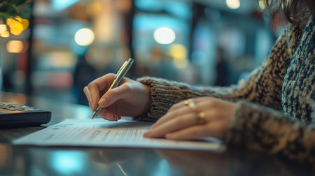 Close up of a woman's hand writing in a notebook at a table in a cafeの写真素材