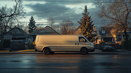 White delivery van on the street at sunset. 3d rendering.の写真素材