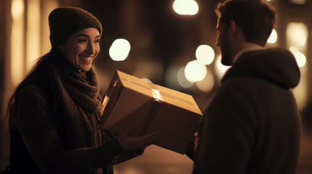 Young couple with gift boxes on city street at night, focus on womanの写真素材