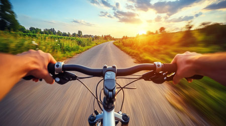 Cyclist Riding a Mountain Bike on a Country Road at Sunsetの写真素材