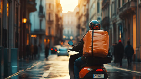 Rear view of a man riding a scooter in the city at sunsetの写真素材