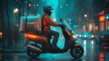 Delivery man on scooter with a package on the street at nightの写真素材