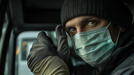 Man in medical mask and gloves sitting in car and looking at cameraの写真素材