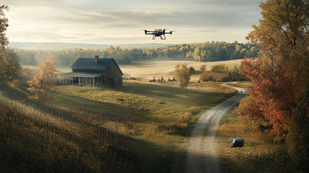drone flying over the rural landscape. 3d render illustration.の写真素材