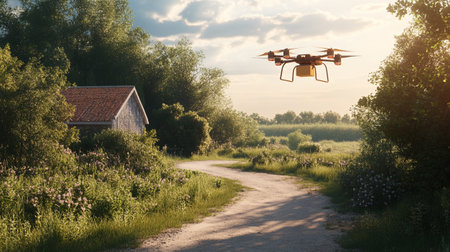 Drone flying over rural road in sunset light. 3d renderingの写真素材