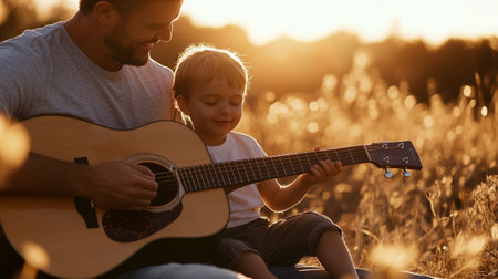 Father and son playing guitar in the field at sunset. Concept of friendly family.の写真素材